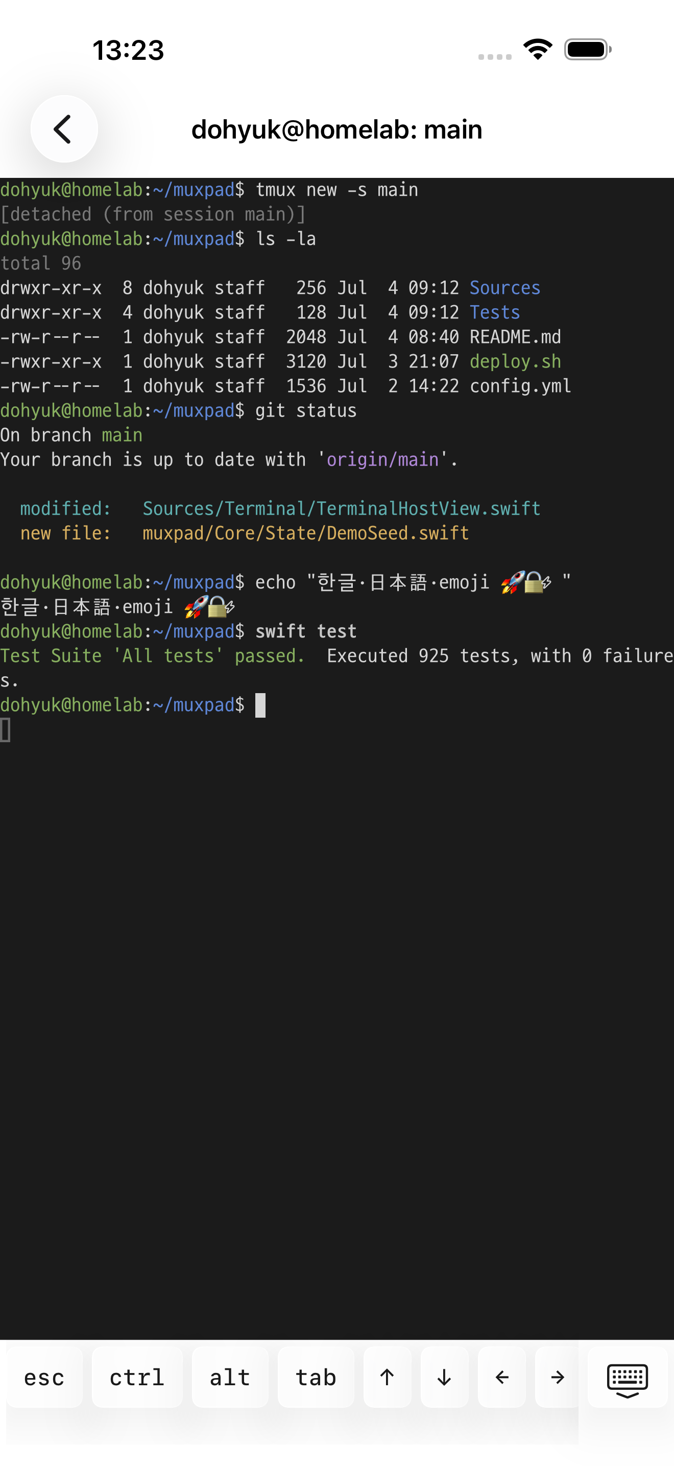 iPhone에서 같은 원격 tmux 작업을 이어 가는 MuxPad 화면